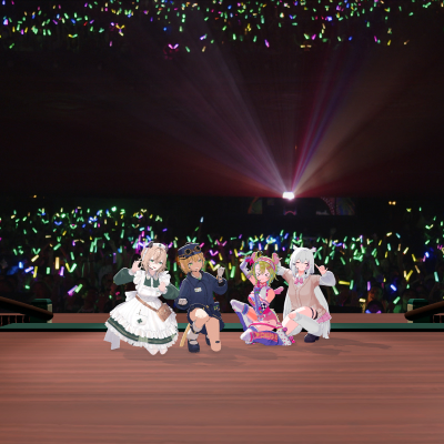 Nimi Nightmare, Dooby3D, Ashton Marten, and Hyuni takes a photo with the crowd at Virtual Vacation 2025